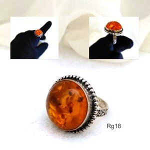 Vintage Round Amber Like Ring Golden Orange Silver Plated, Size 8.25
